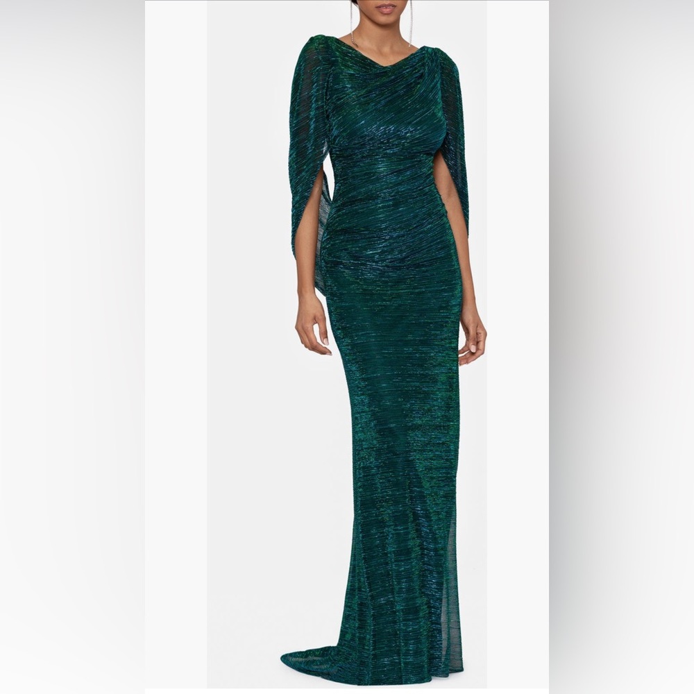 BETSY & ADAM "TAMSIN" LONG METALLIC KNIT LONG SLEEVE DRAPE DRESS green SZ 8 NWT